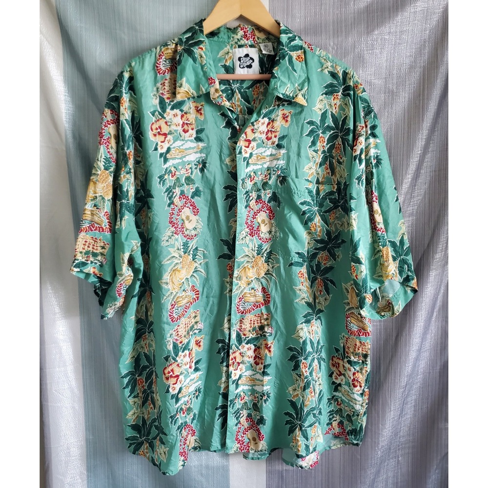 Hilo Hattie Men XL 100% Silk Hawaiian Shirt Teal Tropical Hula Ukulele Aloha